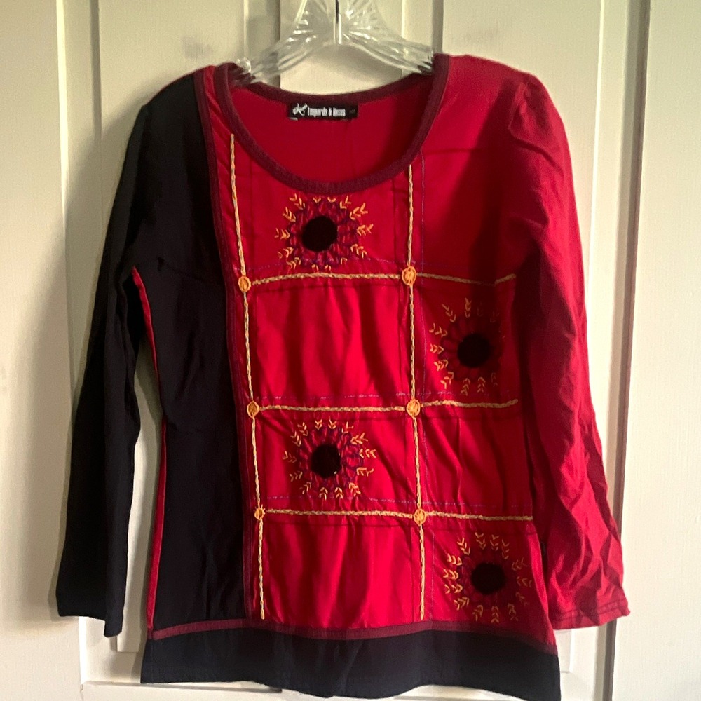 Leopards & Roses Women's S Red Embroidered Cotton Kurta Made in Nepal